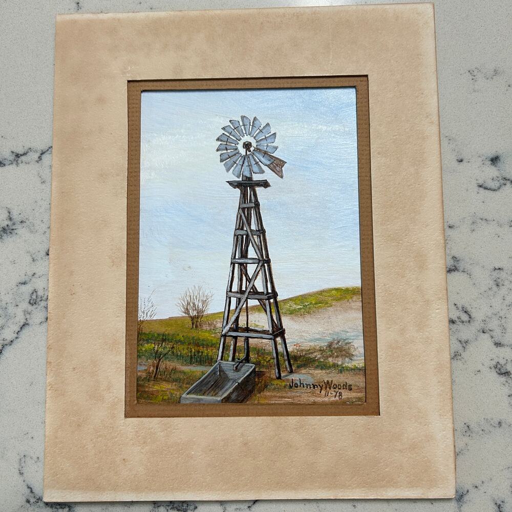 Johnny Woods Rural Windmill Painting 1978 Matted 4.5 x 6.5 in